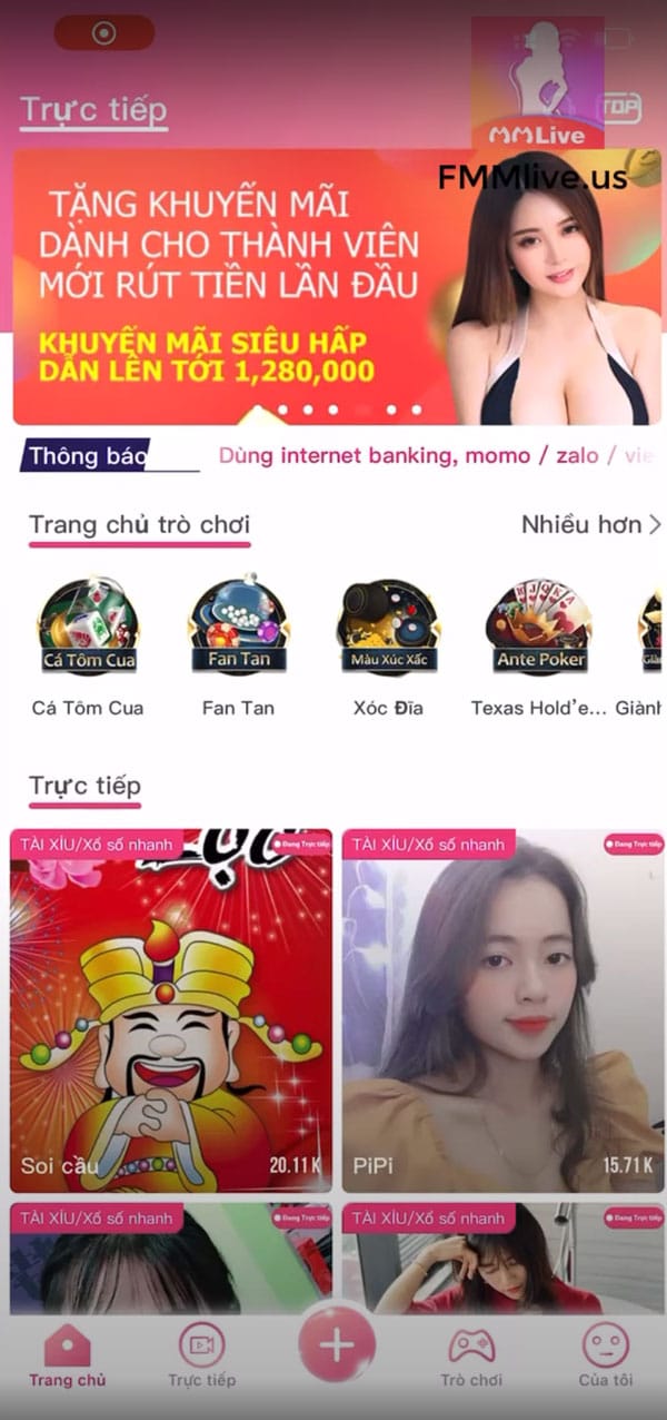 Giao diện ứng dụng mmlive